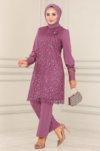 moda selvim Broşlu Tesettür Takım ASM2616 Gül Kurusu - Thumbnail