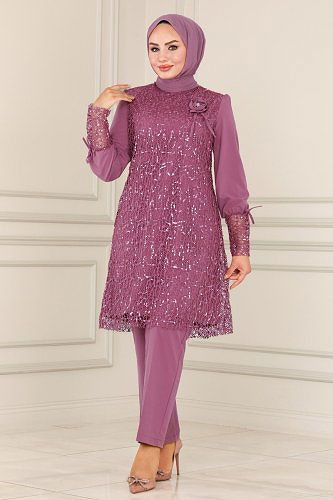 moda selvim Broşlu Tesettür Takım ASM2616 Gül Kurusu - Thumbnail