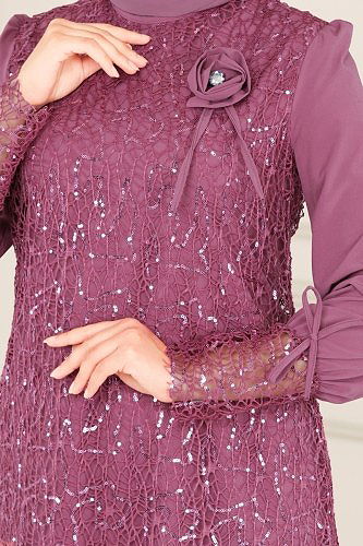 moda selvim Broşlu Tesettür Takım ASM2616 Gül Kurusu - Thumbnail