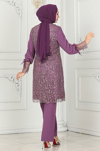 moda selvim Broşlu Tesettür Takım ASM2616 Lila - Thumbnail