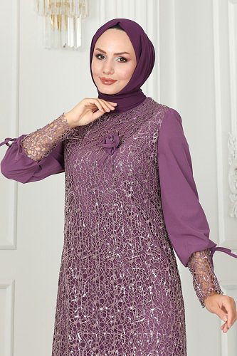 moda selvim Broşlu Tesettür Takım ASM2616 Lila - Thumbnail
