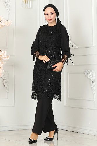 moda selvim Broşlu Tesettür Takım ASM2616 Siyah - Thumbnail