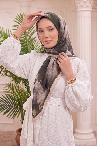 moda selvim Bulut Desen Soft Eşarp 512ERBK1201 Haki&Bej - Thumbnail