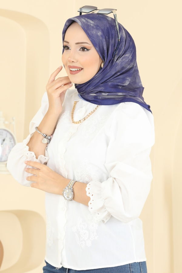 Modaselvim Eşarp Bulut Desenli Soft Eşarp Serisi 507ERB1087 Saks&Bej