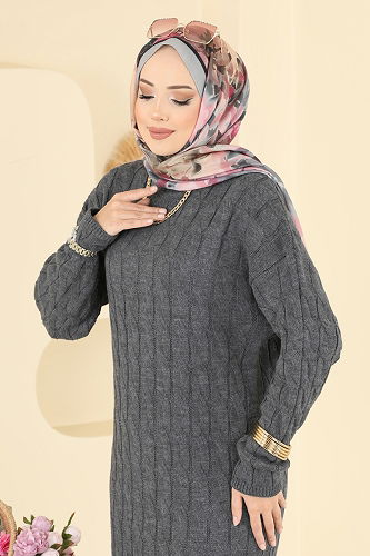 moda selvim Burgu Desenli Triko Elbise 2752AYD574 Antrasit - Thumbnail