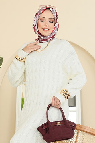 moda selvim Burgu Desenli Triko Elbise 2752AYD574 Ekru - Thumbnail