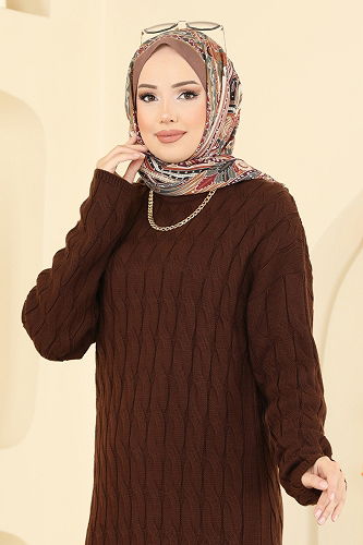 moda selvim Burgu Desenli Triko Elbise 2752AYD574 Kahve - Thumbnail