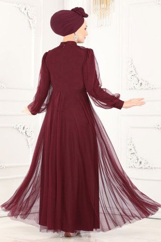 moda selvim Buse Tül Abiye 5359AB368 Bordo - Thumbnail