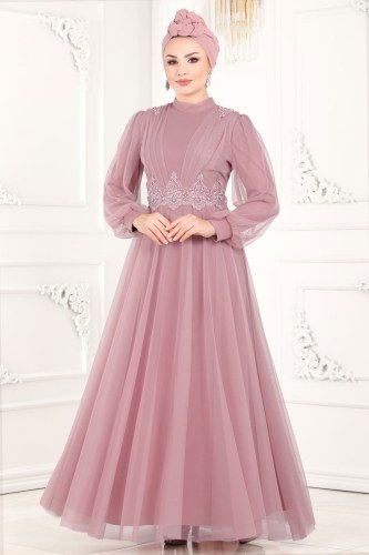 moda selvim Buse Tül Abiye 5359AB368 Gül Kurusu - Thumbnail
