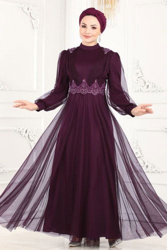 moda selvim Buse Tül Abiye 5359AB368 Mürdüm - Thumbnail