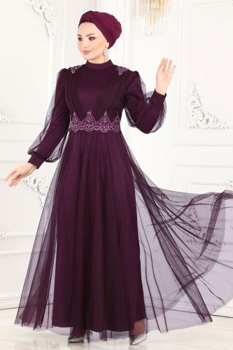 moda selvim Buse Tül Abiye 5359AB368 Mürdüm - Thumbnail