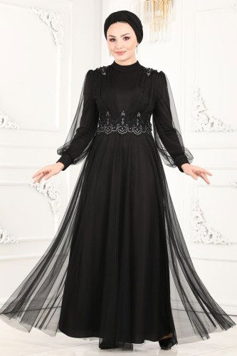 moda selvim Buse Tül Abiye 5359AB368 Siyah - Thumbnail