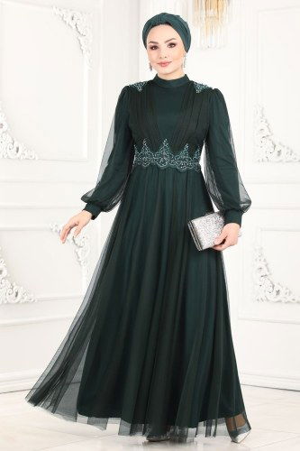 moda selvim Buse Tül Abiye 5359AB368 Zümrüt - Thumbnail