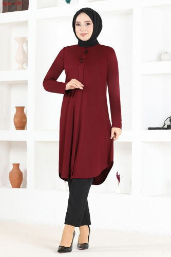 moda selvim Button Detail Basic Tunic MSL1180 Burgundy - Thumbnail