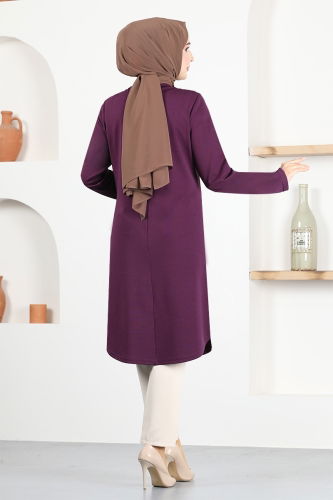 moda selvim Button Detail Basic Tunic MSL1180 Damson - Thumbnail