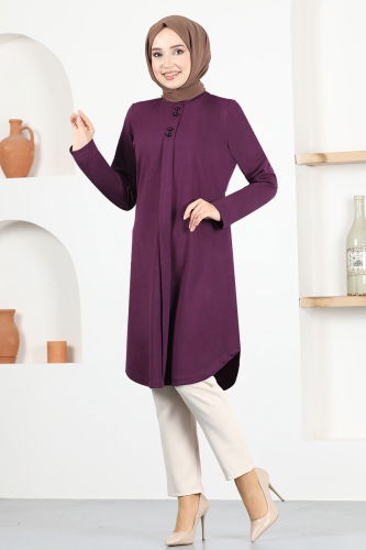 moda selvim Button Detail Basic Tunic MSL1180 Damson - Thumbnail