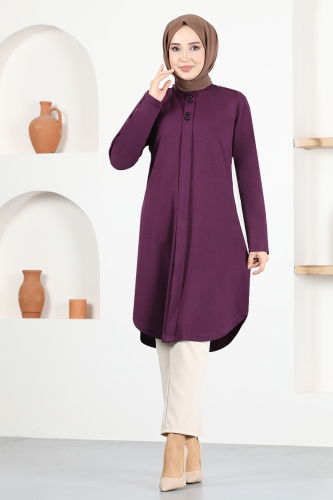 moda selvim Button Detail Basic Tunic MSL1180 Damson - Thumbnail