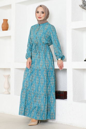 moda selvim Button Detailed Dress MDP1131 Turquoise - Thumbnail