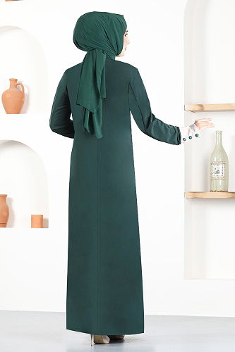 moda selvim Button Detailed Hijab Dress ASM2671-M Emerald - Thumbnail