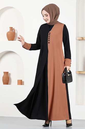 moda selvim Button Detailed Hijab Dress ASM2671-M Taba - Thumbnail