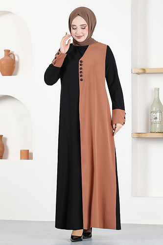 moda selvim Button Detailed Hijab Dress ASM2671-M Taba - Thumbnail