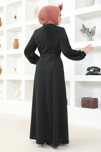 moda selvim Button Detailed Hijab Dress MSL202 Black - Thumbnail