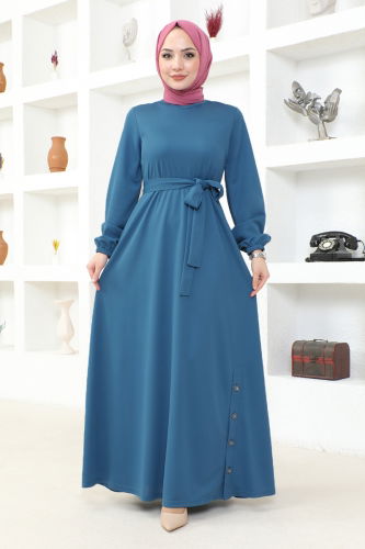 moda selvim Button Detailed Hijab Dress MSL202 Indigo - Thumbnail