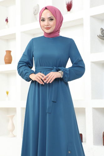 moda selvim Button Detailed Hijab Dress MSL202 Indigo - Thumbnail