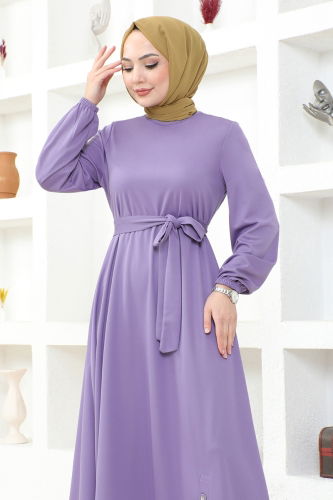 moda selvim Button Detailed Hijab Dress MSL202 Lilac - Thumbnail