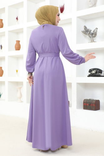 moda selvim Button Detailed Hijab Dress MSL202 Lilac - Thumbnail