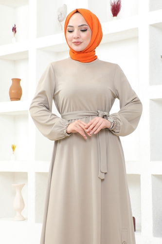 moda selvim Button Detailed Hijab Dress MSL202 Vision - Thumbnail