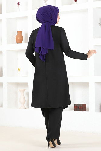 moda selvim Button Detailed Hijab Suit MSL6009-M Black - Thumbnail