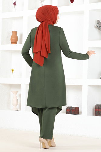 moda selvim Button Detailed Hijab Suit MSL6009-M Khaki - Thumbnail