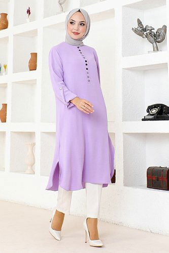 moda selvim تونيك إيروبين مزرر بأزرار MPK320 أرجواني - Thumbnail