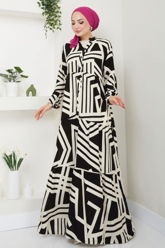 moda selvim Buttoned Ethnic Pattern Dress 4088ZNN863 Black - Thumbnail