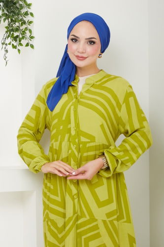 moda selvim Buttoned Ethnic Pattern Dress 4088ZNN863 Oil Green - Thumbnail