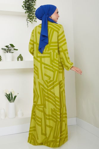 moda selvim Buttoned Ethnic Pattern Dress 4088ZNN863 Oil Green - Thumbnail