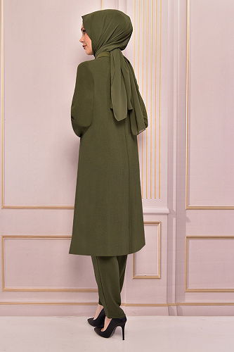 moda selvim Buttoned Hijab Suit ASM2424-M Khaki - Thumbnail