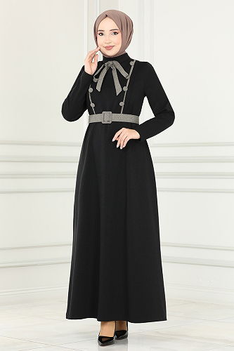 moda selvim Buttoned Winter Dress MSL187-M Black - Thumbnail