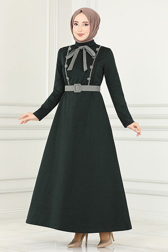 moda selvim Buttoned Winter Dress MSL187-M Emerald - Thumbnail