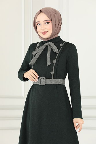 moda selvim Buttoned Winter Dress MSL187-M Emerald - Thumbnail