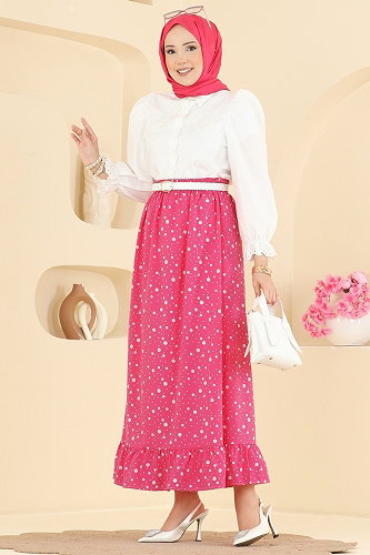 moda selvim Büyük Puantiye Detaylı Jesika Etek 131NZRK1200 Pembe - Thumbnail