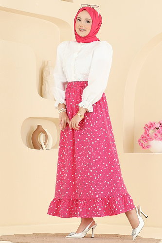 moda selvim Büyük Puantiye Detaylı Jesika Etek 131NZRK1200 Pembe - Thumbnail