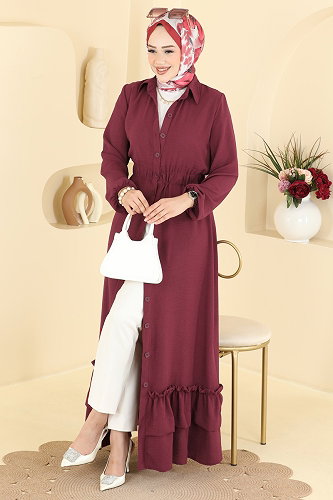 moda selvim Büzgü Detaylı Düğmeli Elbise 3090KTR750 Bordo - Thumbnail