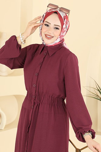 moda selvim Büzgü Detaylı Düğmeli Elbise 3090KTR750 Bordo - Thumbnail