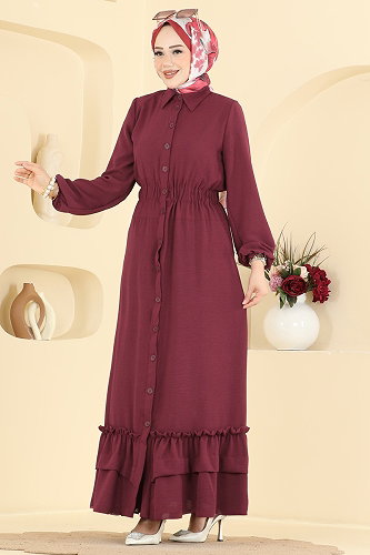 moda selvim Büzgü Detaylı Düğmeli Elbise 3090KTR750 Bordo - Thumbnail