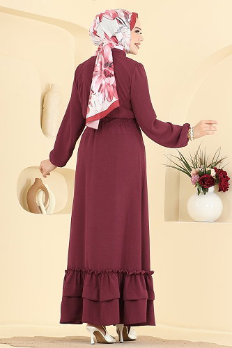 moda selvim Büzgü Detaylı Düğmeli Elbise 3090KTR750 Bordo - Thumbnail