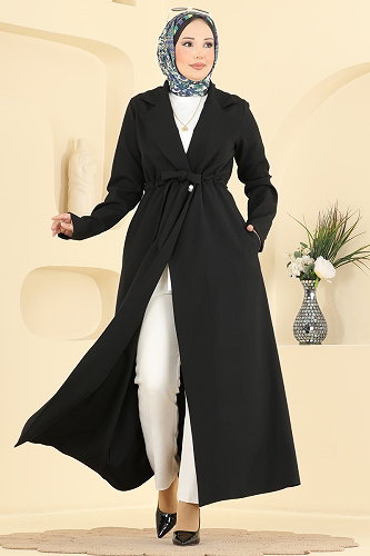 moda selvim Büzgü Detaylı Düğmeli Ferace 2959SL432 Siyah - Thumbnail