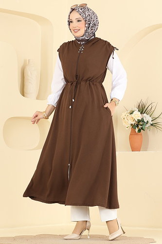 moda selvim Büzgü Detaylı Taşlı Yelek PL9248 Kahve - Thumbnail