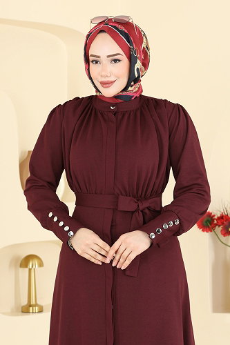 moda selvim Büzgülü Detaylı Örme Elbise 24033UKB139 Bordo - Thumbnail